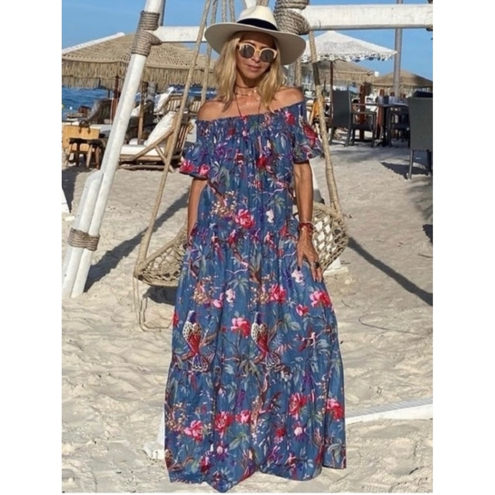 Guadalupe Blue Floral Bird Print Tiered Maxi Dress Off the Shoulder Small Boho